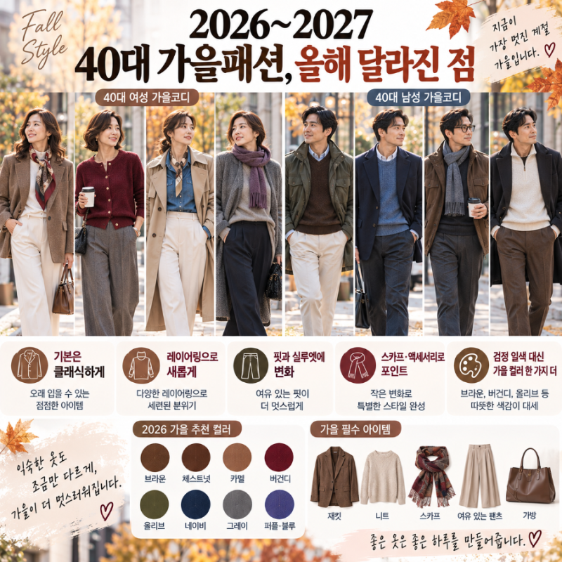 2026~2027 40대 가을옷 유행패션｜여자·남자 가을 코디, 재킷·니트·청바지 이렇게 입어요