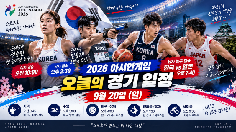 2026 아시안게임 오늘 일정 총정리! 9월 20일 한국 경기시간·남자 농구 한일전·성승민 첫 금메....