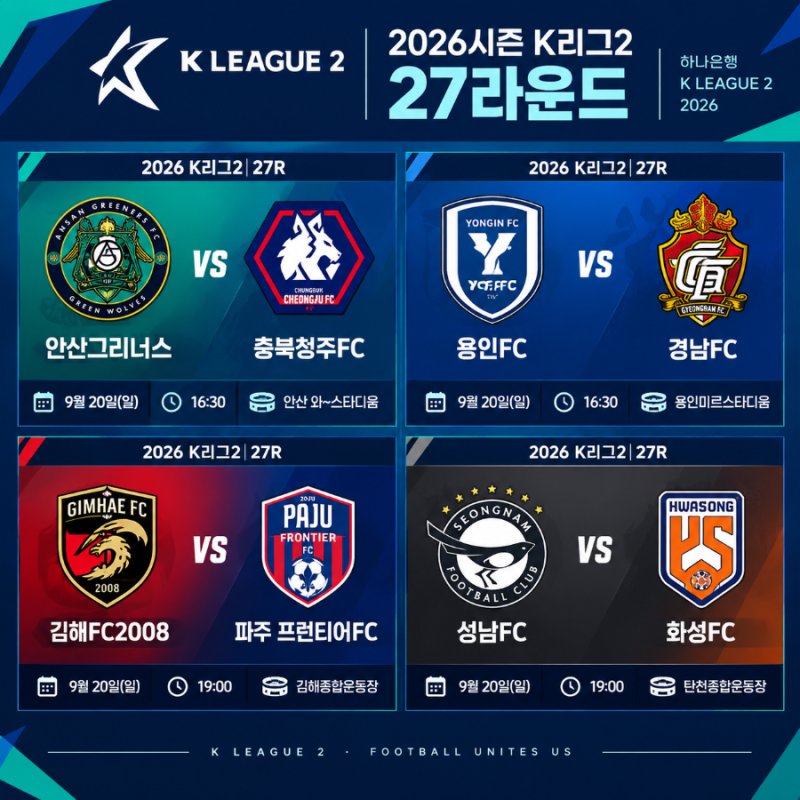 2026시즌 K리그2 27R 프리뷰｜안산그리너스 vs 충북청주FC·용인FC vs 경남FC·김해FC2008 vs 파주 프....