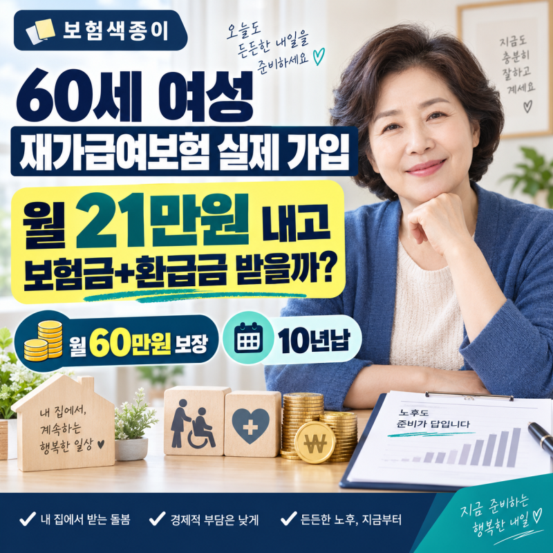 60세 여성 재가급여보험 실제 가입, 월 21만원 내고 보험금과 환급금 모두 받을까?