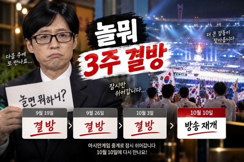 놀면 뭐하니 3주 결방 확정…아시안게임 중계로 10월 10일 방송 재개