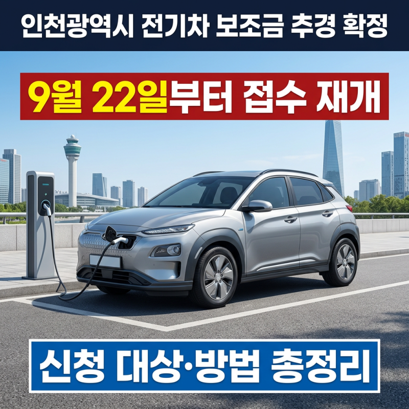 인천 전기차 보조금 추경 확정, 9월 22일 접수 재개 2,490대 추가보급
