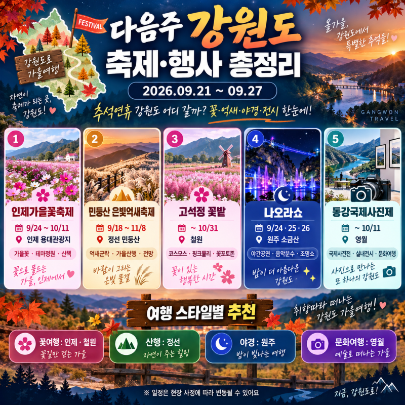 2026년 이번주 강원도 축제 총정리｜인제 가을꽃·민둥산 억새·철원 고석정까지!