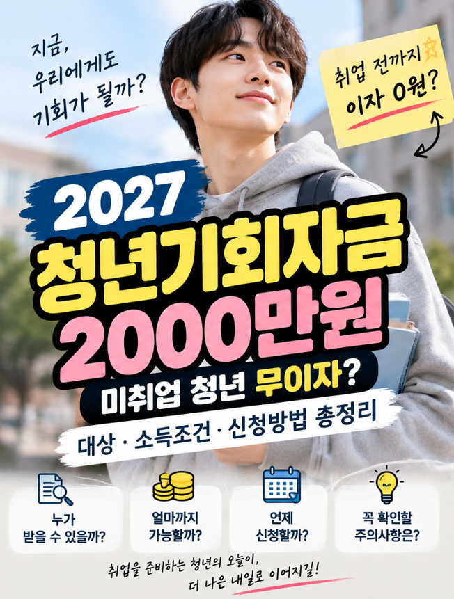 2027 청년기회자금 2000만원｜미취업 청년 무이자? 대상·소득조건·신청방법 총정리