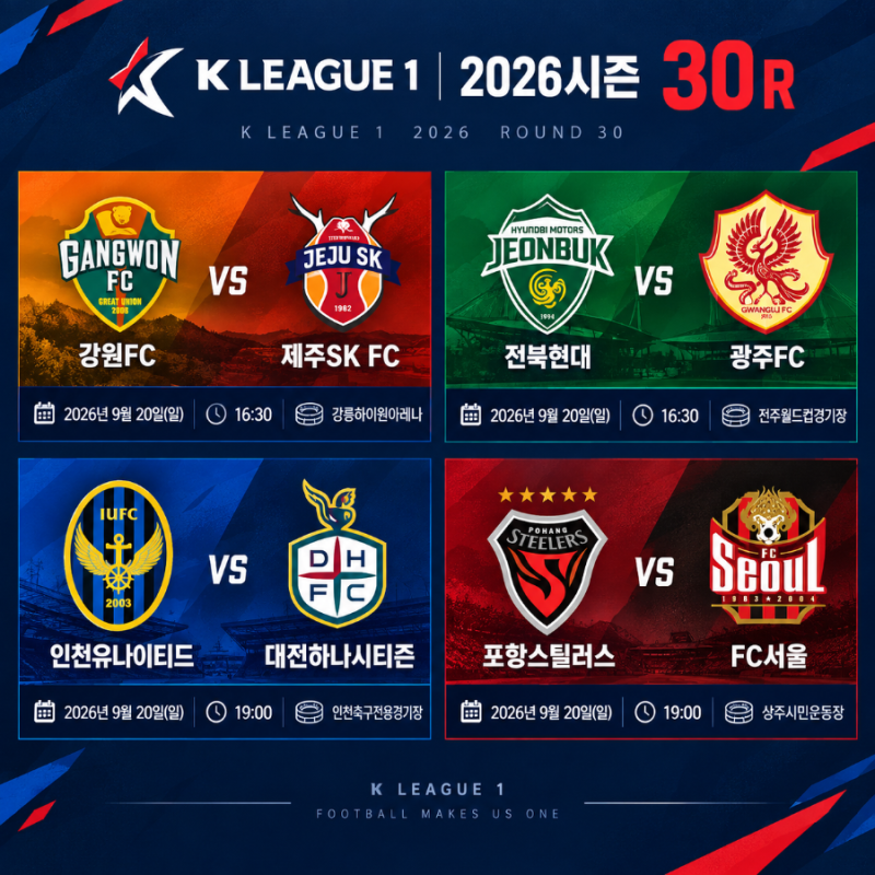 2026시즌 K리그1 30R｜강원FC vs 제주SK FC·전북현대 vs 광주FC·인천유나이티드 vs 대전하나시티즌....