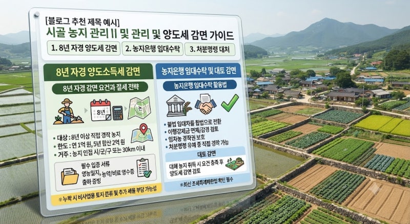 시골 농지 매각 전 필수 체크! 8년 자경 양도세 감면부터 농지은행 임대수탁 활용법