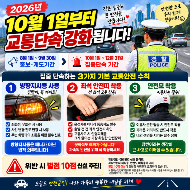 「10월부터 교통단속 강화된다｜운전자들이 자주 놓치는 깜빡이·안전띠·안전모」