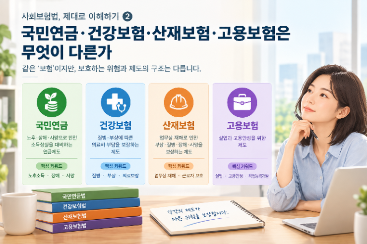 ⚠️ 사회보험법, 제대로 이해하기 ② 국민연금·건강보험·산재보험·고용보험의 차이?