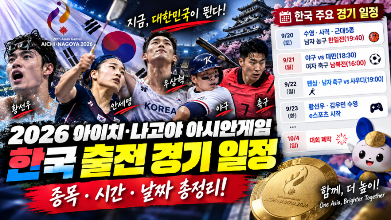 2026.9 2026 아시안게임 한국 경기 일정 총정리, 오늘 출전 종목·시간부터 야구·축구·수영·배....