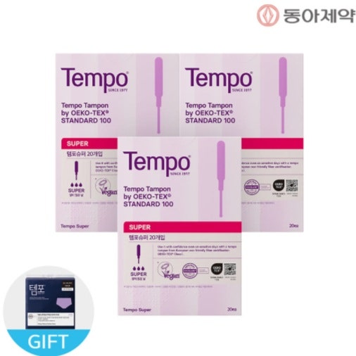 동아제약 템포 순면 탐폰 슈퍼 20p 3팩 입오버 증정 세트