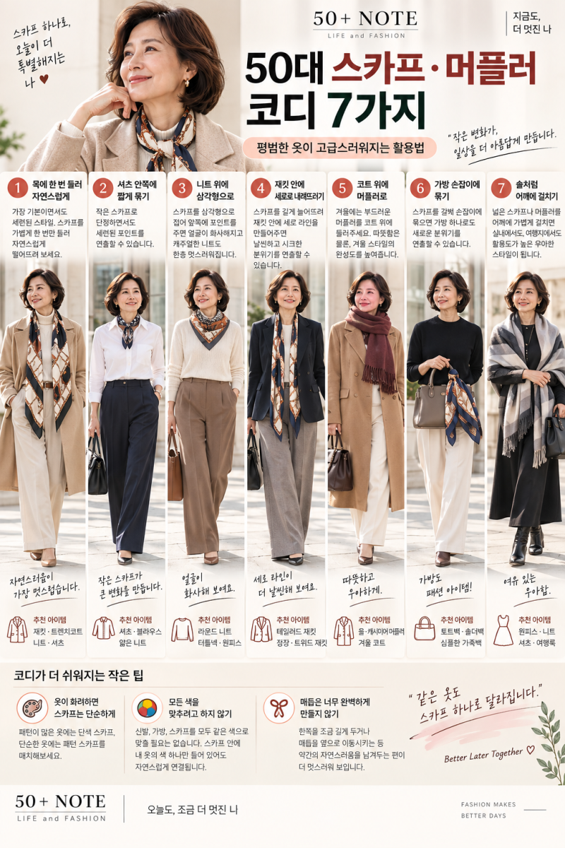 50대 스카프·머플러 코디 7가지｜평범한 옷이 고급스러워지는 활용법