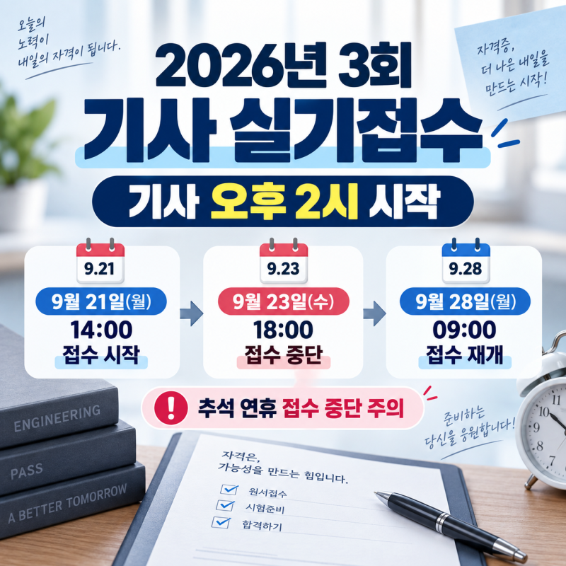 2026년 제3회 기사 실기 원서접수｜9월 21일 오후 2시 시작·추석 연휴·종목별 시험일