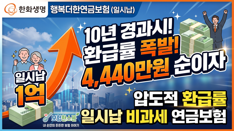 한화생명 행복더한연금보험(일시납) 10년경과시점 1억->4,440만원(순이자) 압도적 환급률 일시....