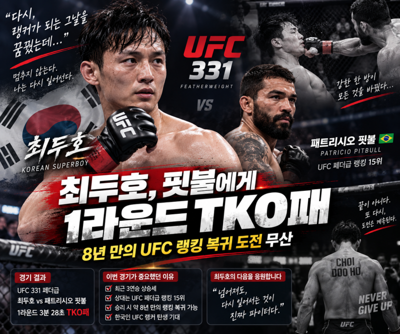 최두호, 패트리시오 핏불에 1라운드 TKO패…8년 만 UFC 랭킹 복귀 무산