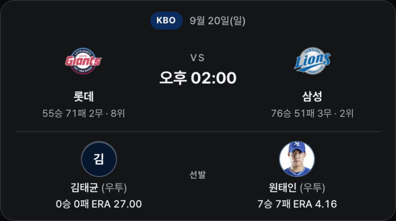 9월20일 롯데 삼성 분석 | 김태균 vs 원태인, 작은 표본과 불펜 연투를 구분한다