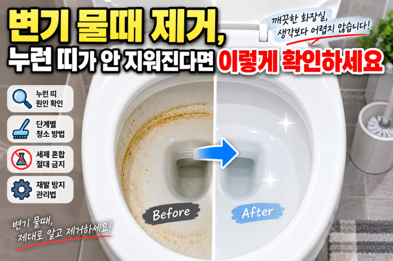 변기 물때 제거, 누런 띠가 안 지워진다면 이렇게 확인하세요