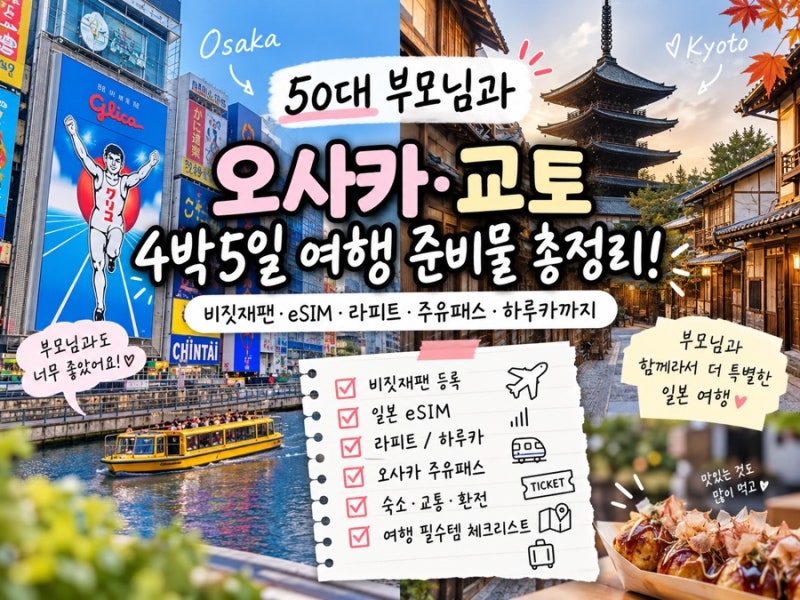[일본] 50대 부모님과 4박5일 일본 여행 준비물 총정리! 비짓재팬·eSIM·라피트·주유패스·하루....