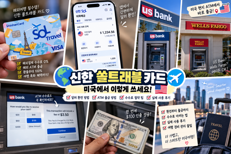 미국 여행 환전 꿀팁 | 신한 쏠(SOL)트래블 체크카드로 미국 현지 ATM 달러 출금 실전 후기 (수....