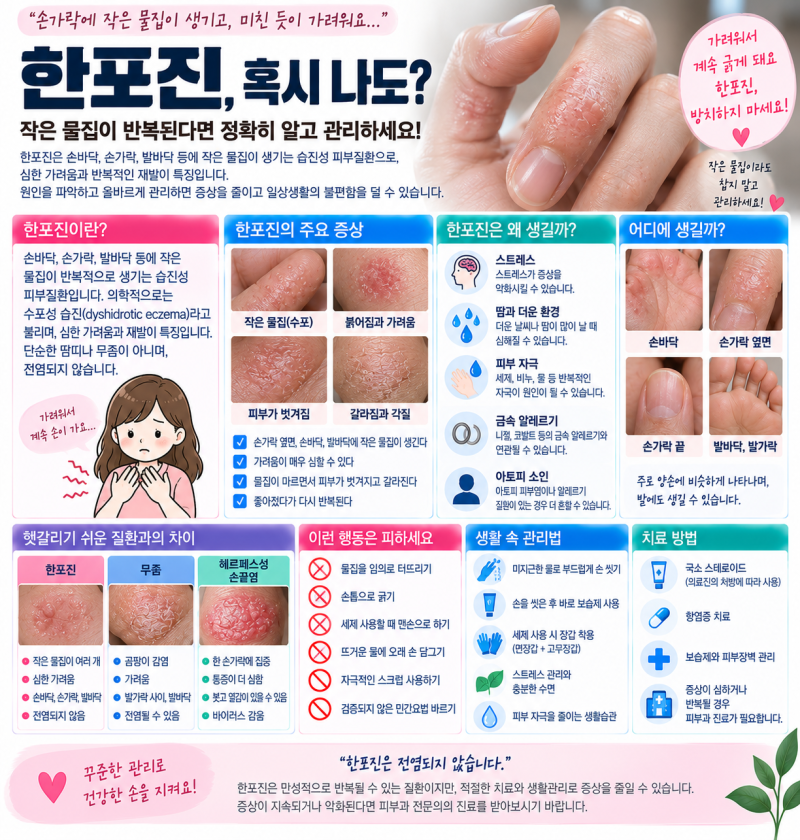 손가락에 작은 물집이 생기고 미친 듯이 가렵다면? 한포진 초기증상·원인·치료·재발 관리....