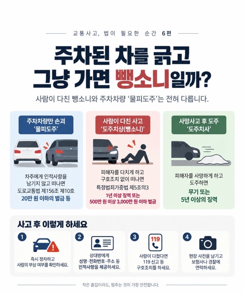 [교통사고, 법이 필요한 순간 6편] 주차된 차를 긁고 그냥 가면 뺑소니일까? 사람이 다친 뺑소....