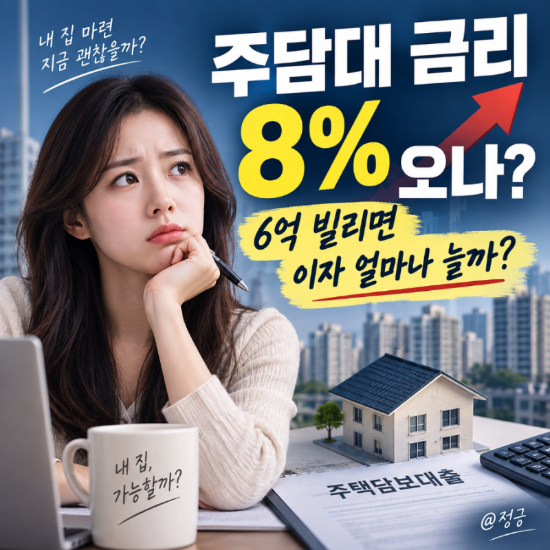 주담대 금리 8% 오나, 6억 빌리면 이자 얼마나 늘까?