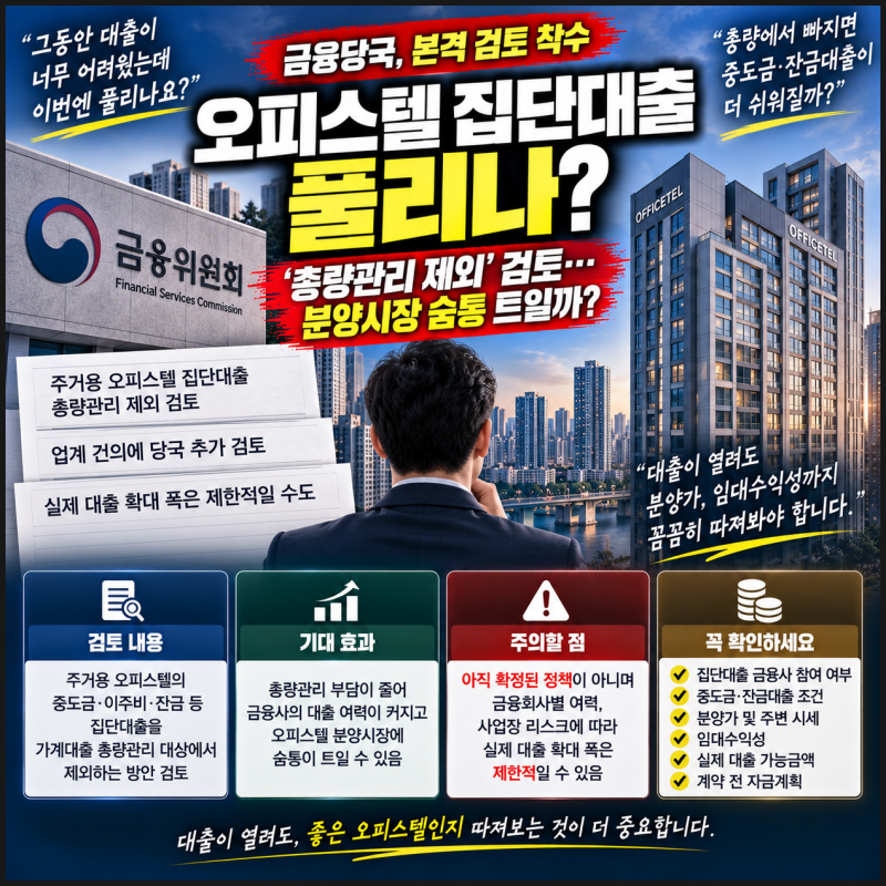 오피스텔 집단대출 풀리나…중도금·잔금대출 ‘총량관리 제외’ 검토, 계약 전 확인 필수!!
