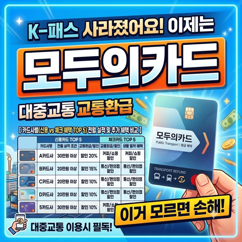 모두의카드(K-패스) 카드사별(신용 vs 체크 혜택 TOP 5) 전월 실적 및 추가 혜택 비교