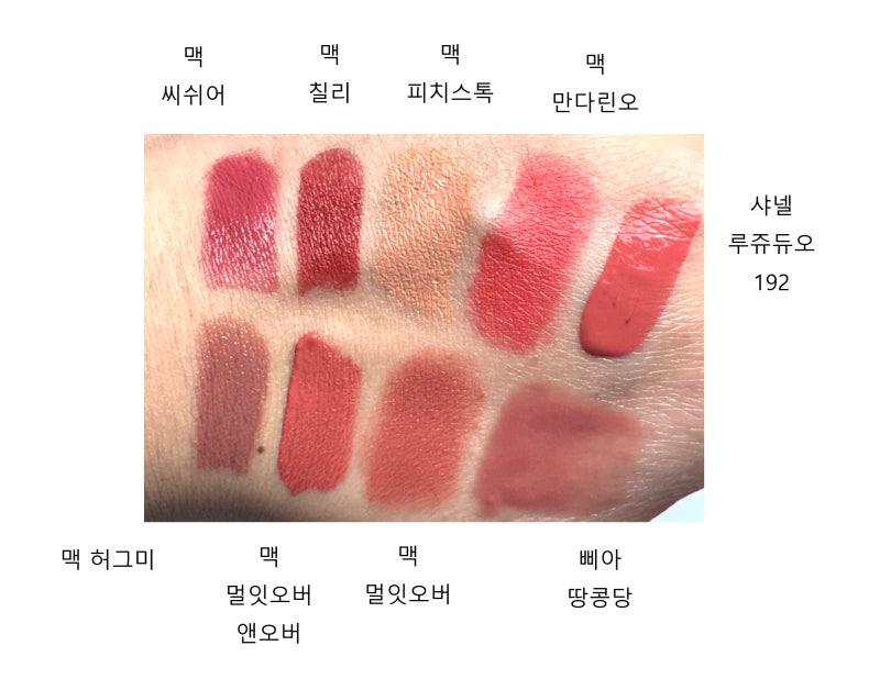 맥 립스틱 발색 비교 ( 멀잇오버, 멀잇오버앤오버, 피치스톡, 칠리, 씨쉬어, 허그미, 만다린오....