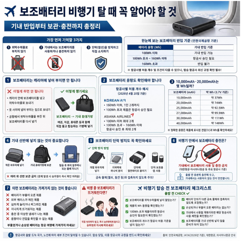 보조배터리 비행기 탈 때 어떻게 가져갈까?｜기내 반입·충전·용량 총정리