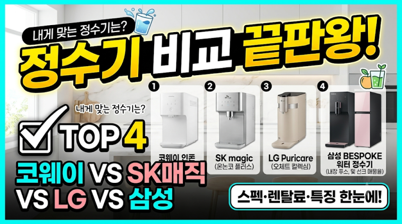 2026 정수기 브랜드 비교 TOP 4: 코웨이 vs SK매직 vs LG vs 삼성 (스펙·렌탈료·장단점 완벽 정리)