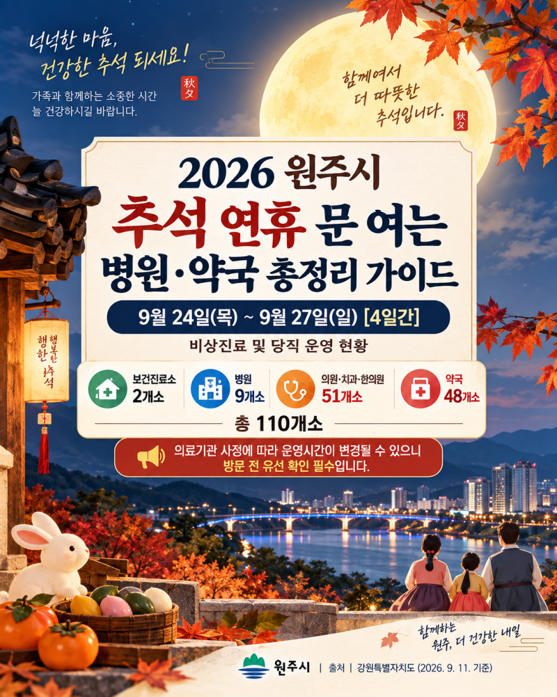 2026 원주시 추석 연휴 문 여는 병원·약국 총정리 9월 24~27일 당직 의료기관(26 최신정보)