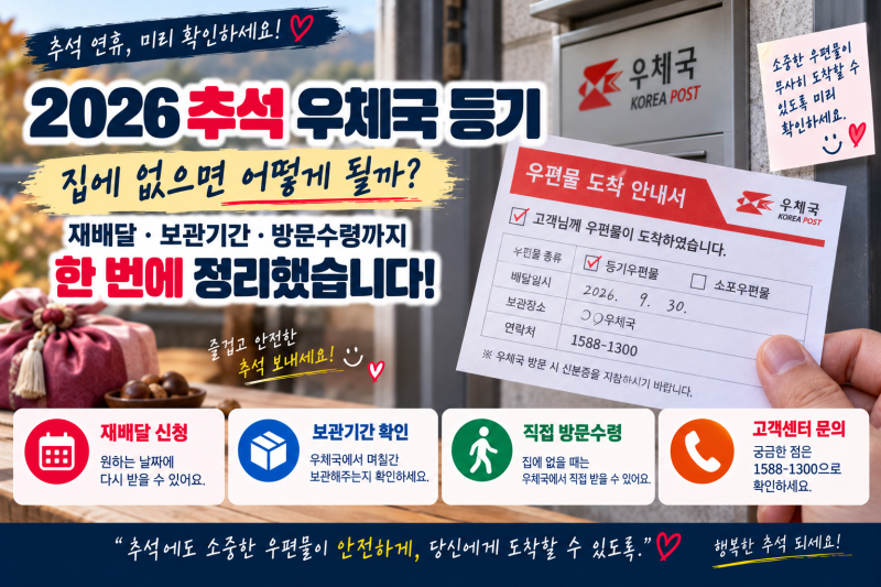 2026 추석 우체국 등기 못 받으면 어떻게 될까? 부재 시 재배달.보관방법 알아보기