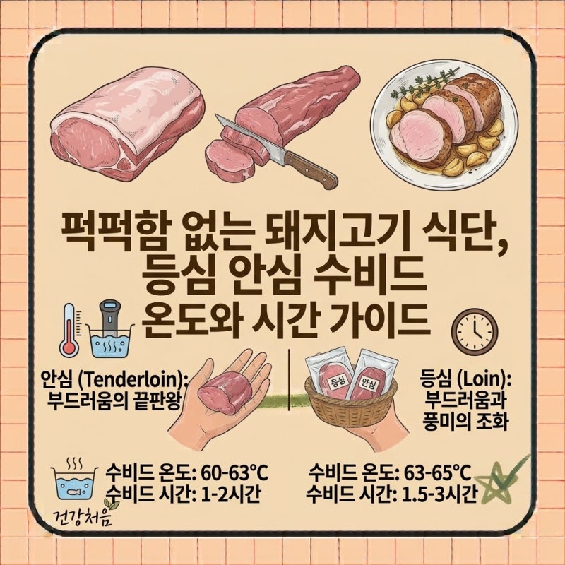 퍽퍽함 없는 돼지고기 식단 등심 안심 수비드 온도 시간