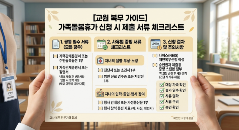 [교사 복무 가이드] 가족돌봄휴가 신청 시 제출 서류 완벽 체크리스트_ 가족돌봄휴가를 신청....