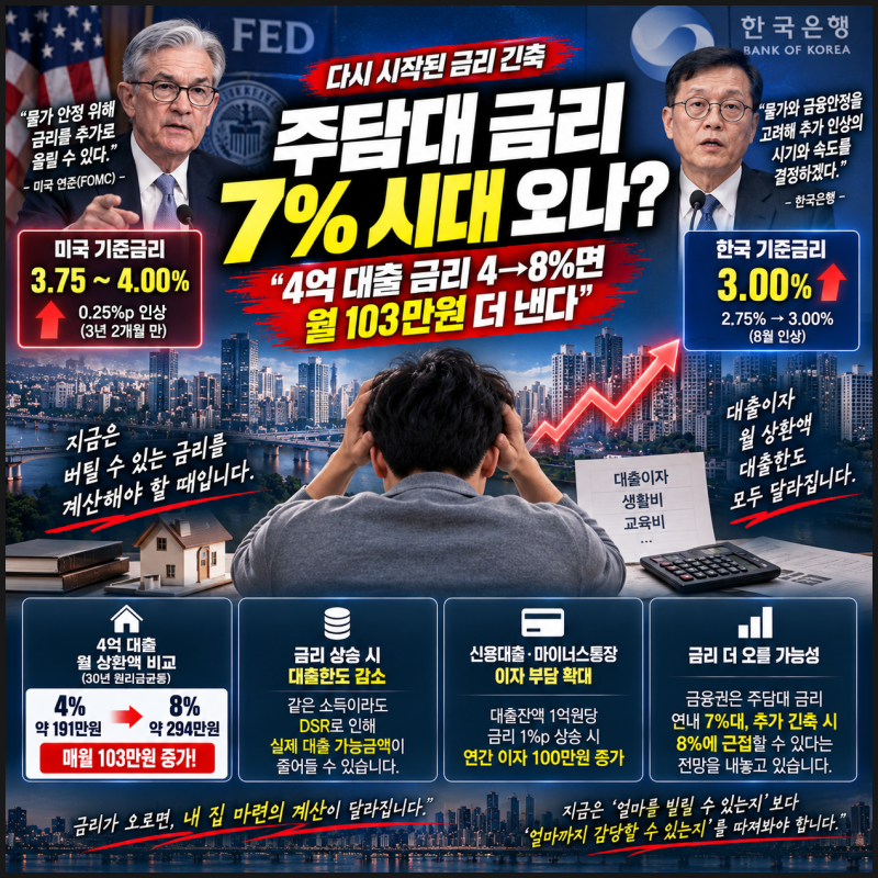 주담대 금리 7% 시대 오나…4억 대출 금리 4→8%면 월 103만원 더 낸다