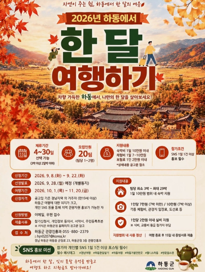 국내 한달살기 경남 하동 여행 숙소 숙박비 지원 2026 한달여행하기
