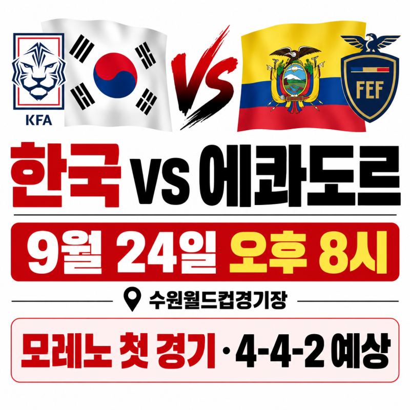 한국 에콰도르 축구 9월 24일, 모레노 감독 첫 선발·4-4-2 어떻게 나올까?