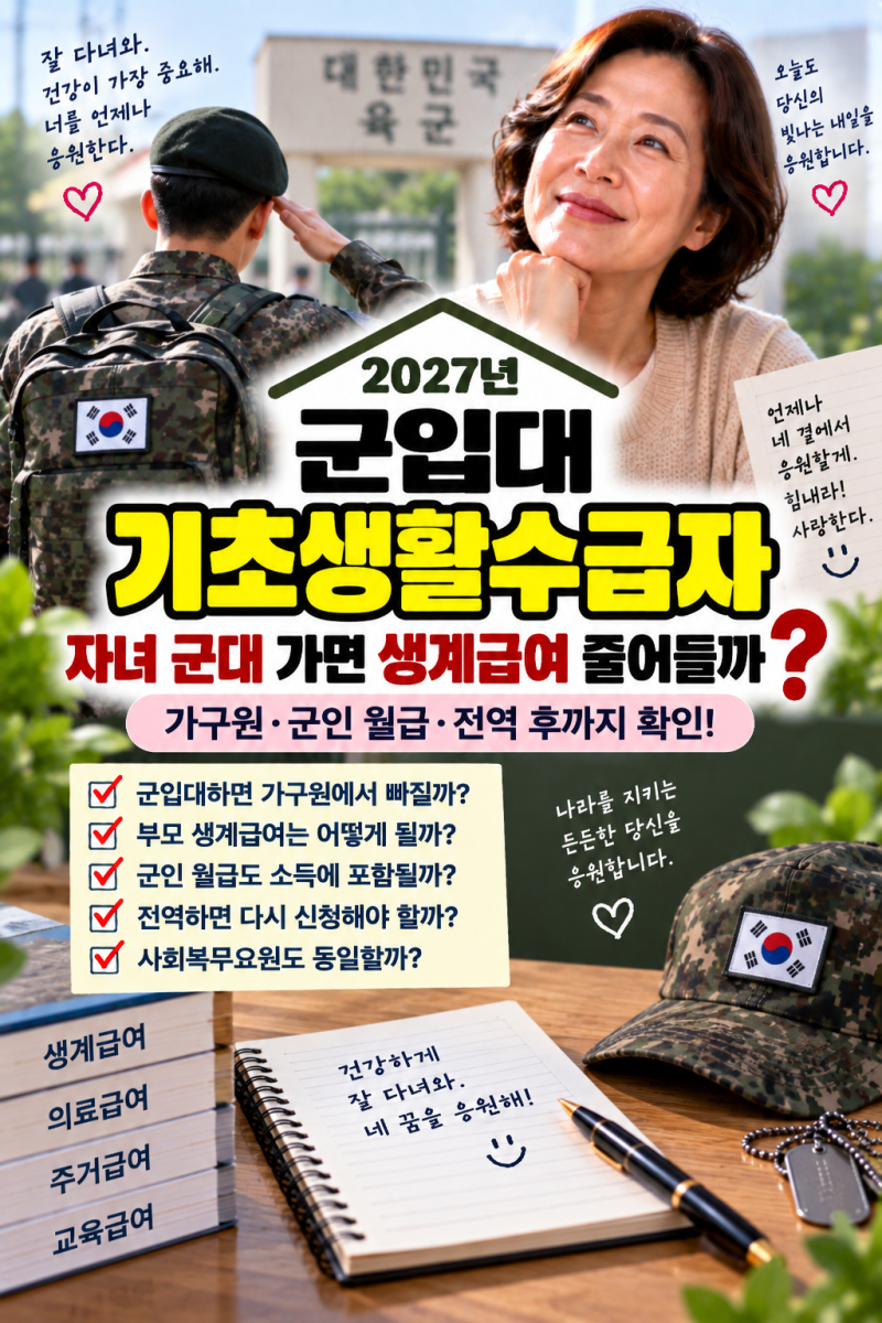 군입대 기초생활수급자, 자녀 군대 가면 생계급여 줄어들까?｜2027년 가구원·군인 월급 확인