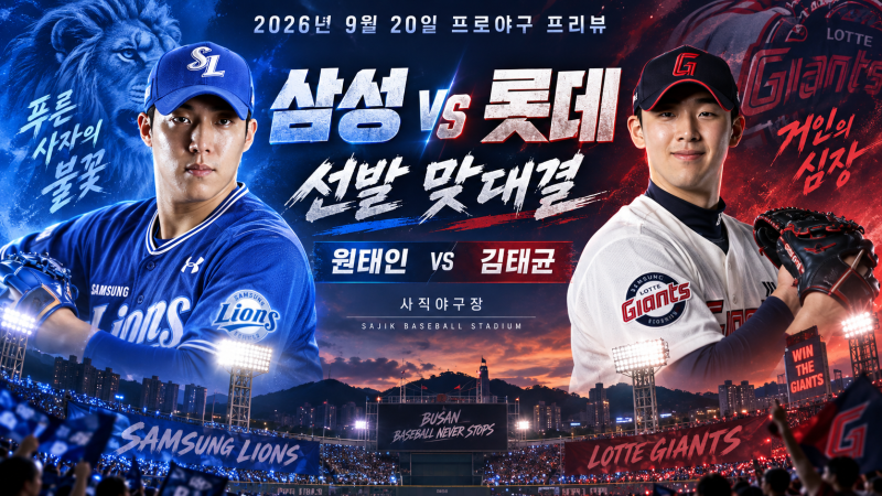 2026년 9월20일 삼성 롯데 프리뷰, 원태인 시즌 8승 도전! 김태균의 깜짝 선발 카드 통할까?