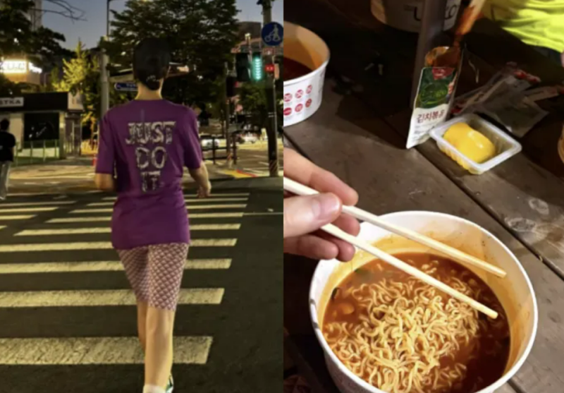 김혜수도 러닝 끝나면 한강 라면은 못 참는구나, 운동화 뒤축에 이름까지 새겼다