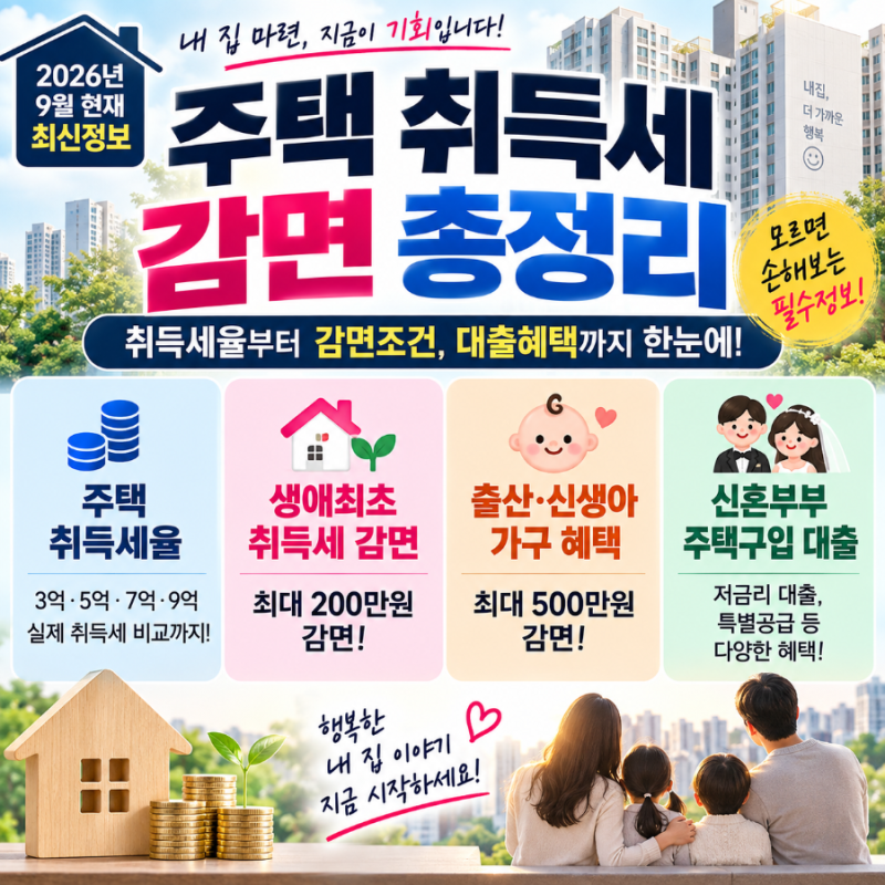 2026년 취득세 감면 총정리｜생애최초·신생아·신혼부부 주택구입 혜택과 대출까지