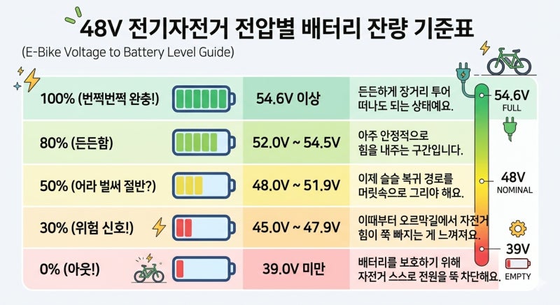 48V 전기자전거 배터리 잔량, 전압으로 체크하는 방법