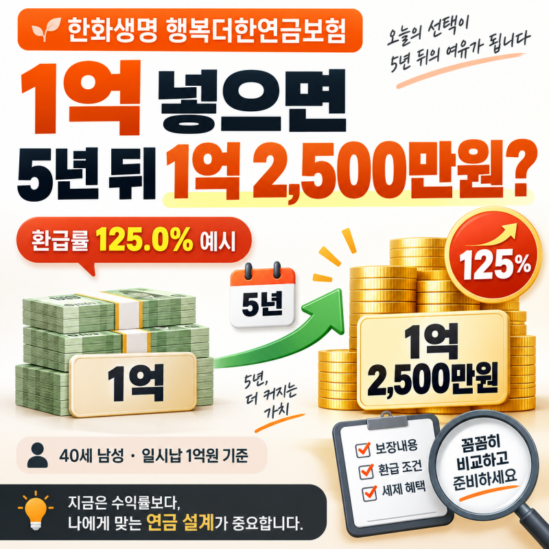 한화생명 행복더한연금보험, 1억원 넣으면 5년 뒤 1억2,500만원?
