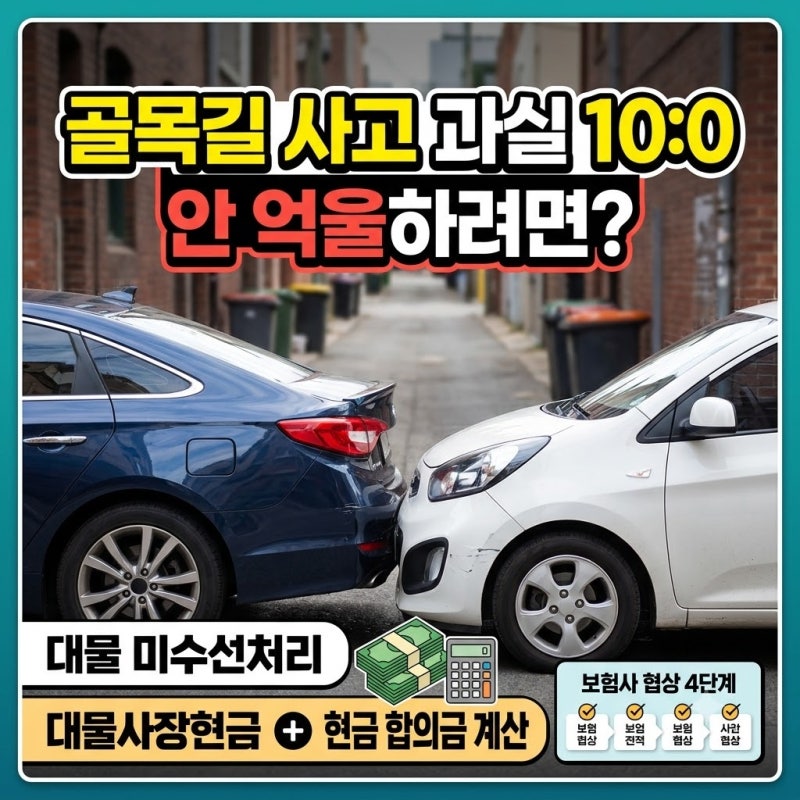 골목길 사고 과실 10:0 안 억울하려면? 대물 미수선처리 현금 합의금 계산 산식 & 보험사 협상 ....