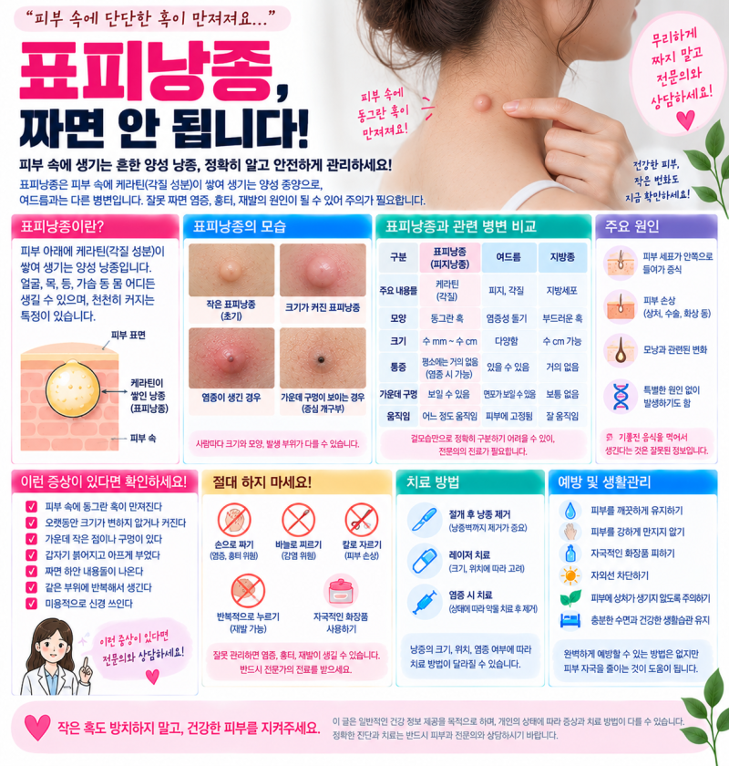 피부 속에 단단한 혹이 만져진다면? 표피낭종 원인·피지낭종과 차이·짜면 안 되는 이유·제....