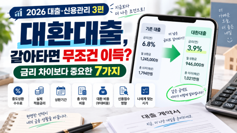 [대출·신용관리 시리즈 3편] 2026 대환대출 조건 총정리｜대출 갈아타면 무조건 이득? 꼭 계산....