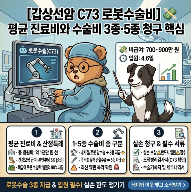 [2026 갑상선암 C73 로봇수술비] 평균 진료비와 1-5종 수술비 3종·5종 청구 기준