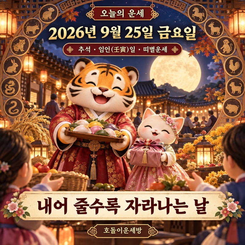 오늘의 운세 2026년 9월 25일 금요일 띠별운세｜추석 임인(壬寅)일, 내어 줄수록 자라나는 날