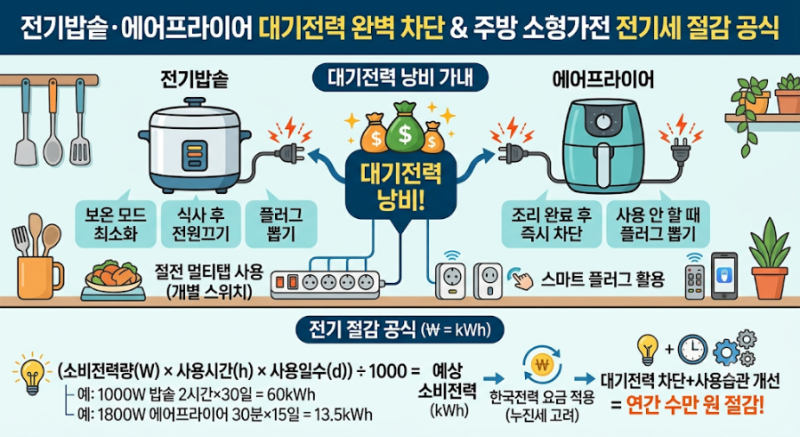 전기밥솥·에어프라이어 대기전력 완벽 차단과 주방 소형가전 전기세 절감 공식