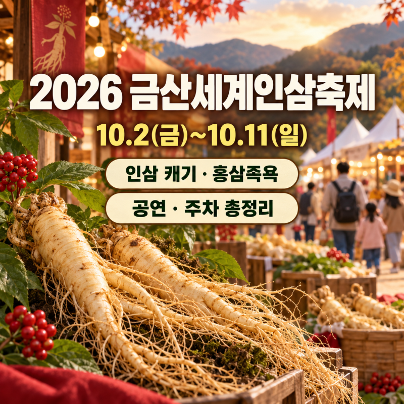 [2026 금산세계인삼축제] 일정 · 프로그램｜인삼 캐기 · 홍삼족욕 · 공연 · 주차